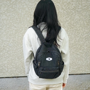 Vintage Denim Mini Backpack - Strawberry Patch, Fits 11" iPad, with 2 Side Openings,  Grunge Black Jeans Retro Daypack for Travel Work