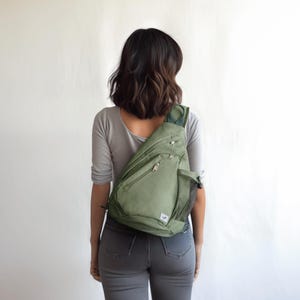 Green Canvas Sling Bag Crossbody Travel Backpack with Anti Theft Pocket | One Strap Tablet Backpack Chest Bag with Bottle Holder
