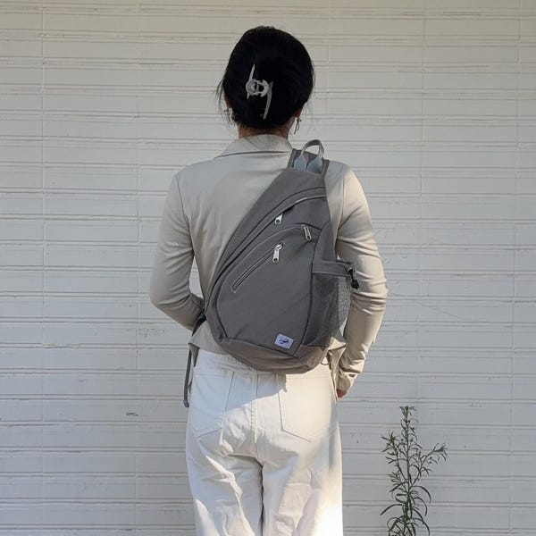 Gray Sling Bag, Canvas Crossbody Backpack with Shoulder Strap Phone Pouch, Chest Pack with Bottle Holder