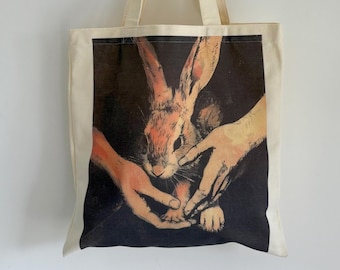 Hold Rabbit Canvas Tote Bag, Bunny Lover Tote with Zipper Pocket, Whimsical Rabbit Book Bag, Cute Animal Print Shopping Bag