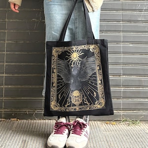 Gothic Raven Tote Bag, Dark Academia Goth Accessories, Witchy Crow Black Canvas Reading Bag, Edgar Allan Poe Inspired Skull Shopping Tote