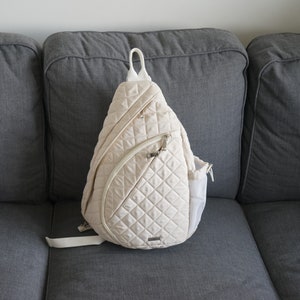 Light Beige Quilted Single Shoulder Sling Bag, Lightweight White Everyday Crossbody Travel Backpack with Hidden Pockets and Bottle Holder