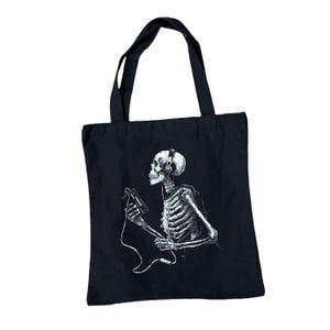 Skeleton Tote Bag, Emo Goth Accessories, Vintage Black Canvas Band Tote, Skull Art Spooky Horror Punk Grocery Tote, Dark Academia Book Bag