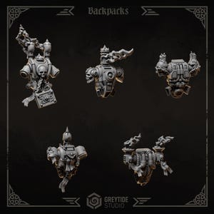 May include: A collection of five grey miniature backpacks featuring gothic designs with skulls, flames, and hanging scrolls. Each piece is intricately detailed with mechanical components and decorative elements, presented against a dark background with the text Backpacks.