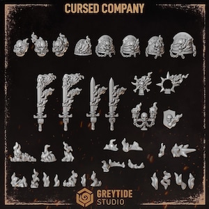 May include: A collection of grey miniature gaming components labelled CURSED COMPANY and GREYTIDE STUDIO. The set includes sculpted helmets, shoulder pads with skull motifs, flaming swords, a candelabra, a shield, and various flame-shaped accessories.