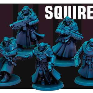 May include: A set of five teal-coloured miniature figurines labelled SQUIRES, each wearing long coats and tactical gear. The figures are posed in dynamic stances, holding various futuristic firearms and a chainsword, all mounted on circular bases.