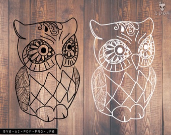 Sowa SVG, Zentangle Sowa SVG, Mandala, Doodle, Cricut, Winyl, Sylwetka, Przezroczyste tło PNG, Transfer na żelazko, Wzory koszulek, SVG