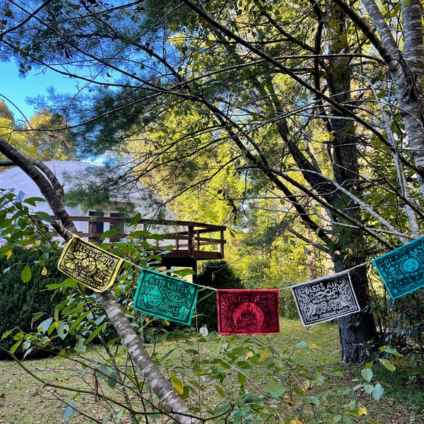 Handmade Prayer Flags from Linocut Printing, hand printed and hand sewn inspired by tibetan prayer flags with custom prayers