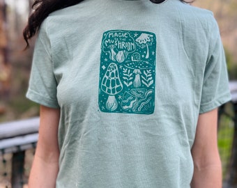 Mushroom Mama T-Shirt: Hand-Printed Linocut Design, Soft Cotton