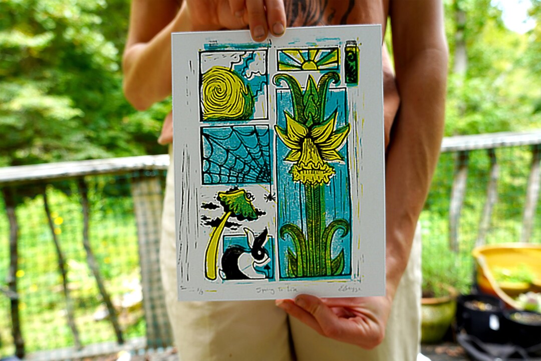 Spring Break Linocut Art Nouveau Linocut Print: Spring Daffodil, Bunny, Snail Vignette - Etsy