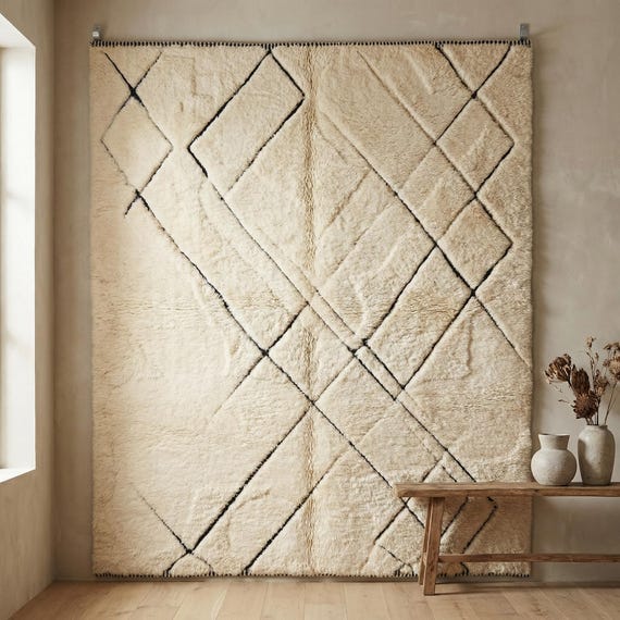 Moroccan Berber Rug, Beige Thick High Pile Rug, Cream Shag Area Rug, Boho Minimalist Wool Rug, Neutral Diamond Pattern Rug, Luxury Soft Rug