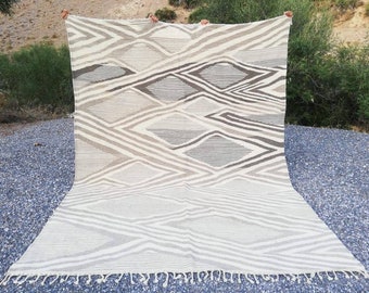 8x10 Moroccan beni ourain rug Flatweave striped kilim rug Tapis berbere Vintage azilal rug Berber kilim rug Mrirt area rug Teppich Alfombras