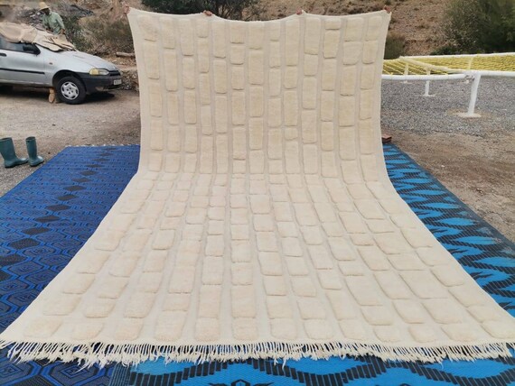 Checkered area rug, Handmade neutral wool rug, Beni ourain genuine rug, White Moroccan rug with braided design Berber abstract handwoven rug