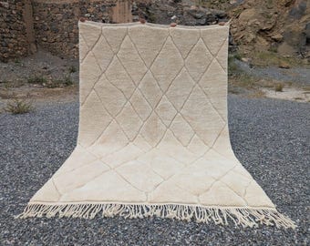 Beni ourain genuine rug Natural beige area rug Moroccan handwoven rug with off white and geometric hollowed design Handmade neutral wool rug