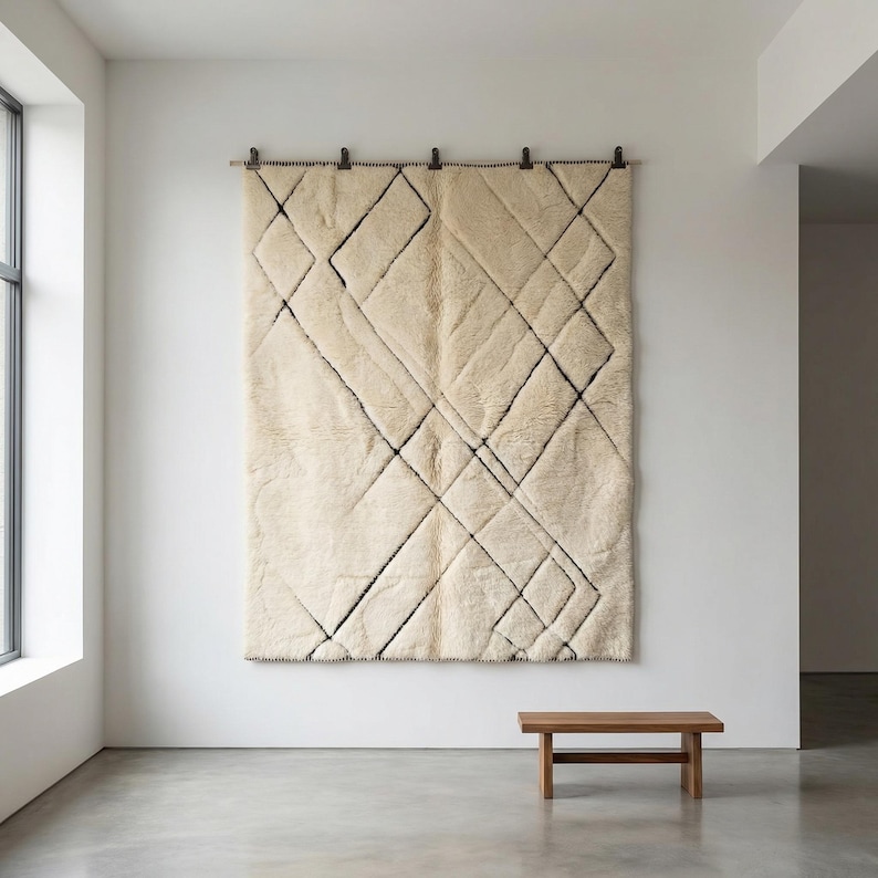 May include: A large, cream-colored, geometric wall hanging with black lines, mounted on a wall. A small, wooden bench sits below it. The rug has a diamond pattern.