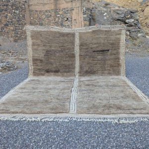 May include: A large, rectangular rug with a neutral color palette. The rug features a central design with a darker brown hue, framed by a lighter beige border with geometric patterns. The edges have a fringe detail.