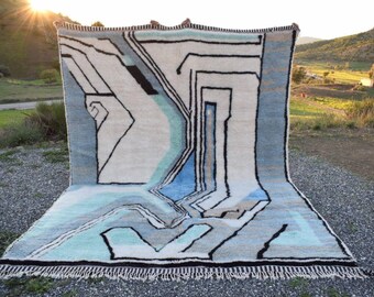 Blue rug, White rug, Moroccan wool rug, Handmade rug, Vintage boho rug, Modern colorful rug, Oushak rug, Turkish shaggy rug Natural wool rug