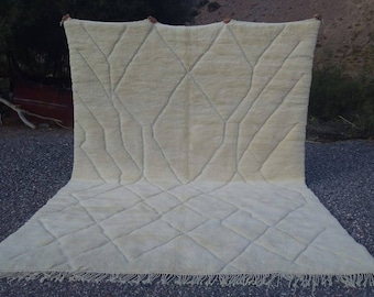 Custom Handmade Beni Ourain Rug, Cream Wool Moroccan Rug, Minimalist Geometric Area Rug, High Low Pile Berber Carpet for Livingroom Bedroom