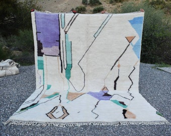 Moroccan Rug 8x10, Soft Wool Beni Ourain Rug, Abstract Geometric Colorful Berber Rug, Vibrant Eclectic Living Room Decor, Custom Plush Rug