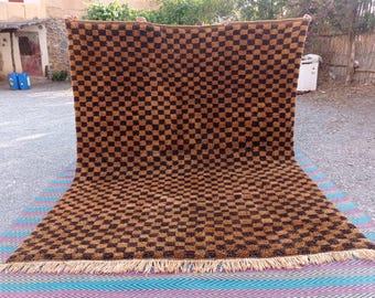 Handwoven Beni Ourain Wool Rug, Brown and Black Checkered Carpet