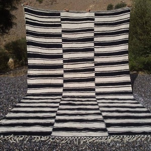 Natural wool rug, Flatweave striped rug, Vintage Moroccan berber kilim, Handmade large area rug, Moroccan rug with white and black stripes