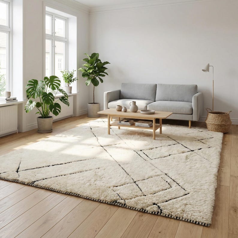 May include: A cream-colored, geometric patterned rug with black lines dominates a living room scene. The rug sits on a hardwood floor, complemented by a gray sofa, wooden coffee table, and potted plants. A woven basket and a floor lamp add to the room's decor.