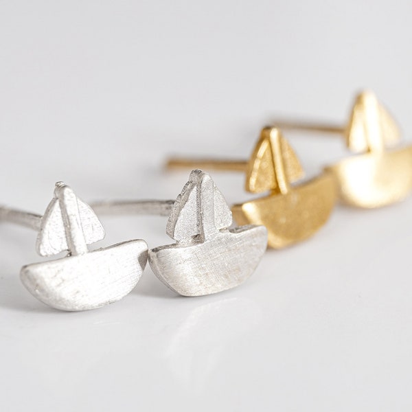 Tiny Silver Summer Boat Stud Earrings 14K Gold Plated Boat Studs Minimalist Earrings Everyday Jewelry Recycled Eco Silver SailBoat Studs