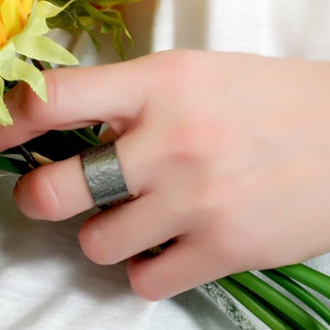 Adjustable Black Hammered Ring, Unisex Wide Band, Handmade
