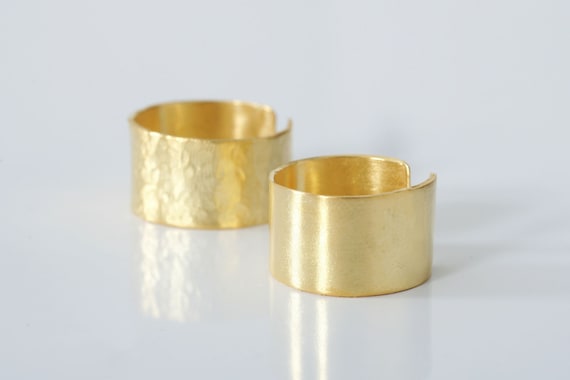Wide Band 24K Gold Plated Ring, Hammered Cuff Ring, Adjustable, Unisex, Handmade