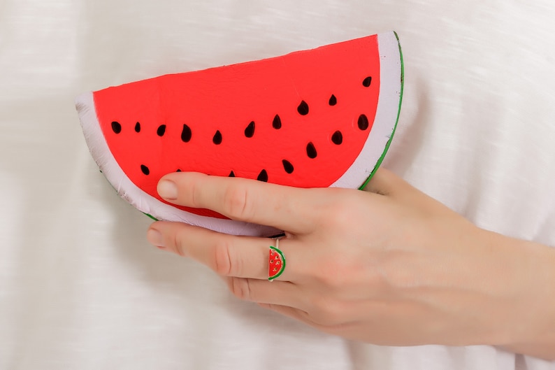 Watermelon Ring Sterling Silver Summer Ring Enamel Color Ring Adjustable Statement Ring Summer Jewelry Kids Jewelry 10th Birthday Gift Girl image 1