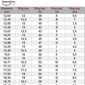 May include: A chart showing ring sizes in millimeters, US, UK, and EU sizes. The chart shows the diameter of the ring in millimeters, the corresponding US ring size, the UK ring size, and the EU ring size.
