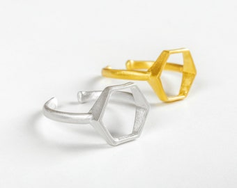 Anillo de plata hexagonal abierto minimalista geométrico oro relleno anillo ajustable declaración anillo panal anillo unisex día de San Valentín joya regalo
