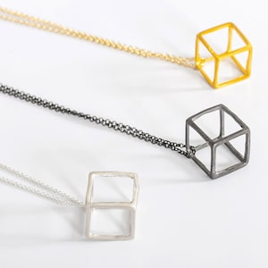Dainty sterling silver Cube Necklace, 3d Geometric square Cube, minimalist necklace, Geometric black cube necklace, Minimal,everyday jewelry