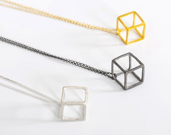 Dainty sterling silver Cube Necklace, 3d Geometric square Cube, minimalist necklace, Geometric black cube necklace, Minimal,everyday jewelry