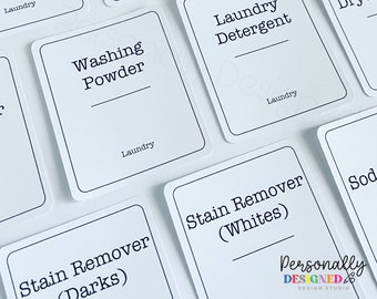 May include: White cards with black text and borders, labelled with different laundry products, such as "Washing Powder", "Laundry Detergent", "Fabric Softener", and "Stain Remover (Darks)".