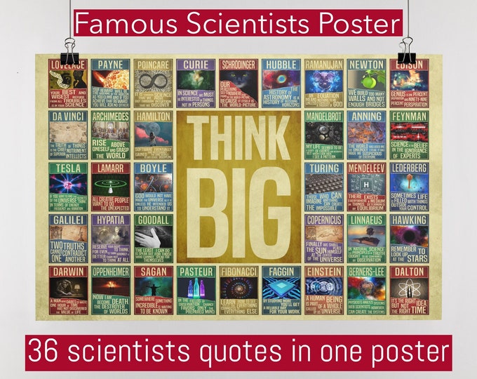 Think Big Science Poster, Inspirational High School Student Gift, Famous Scientists Wall Art, Education Graphic, Modern College Dorm Decor