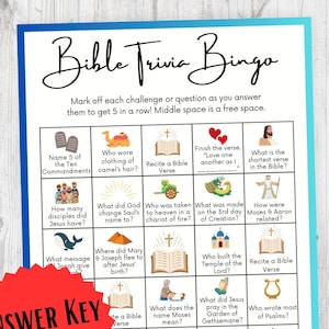 Bible Trivia Bingo Printable for Kids, Christian Worksheets for Sunday School, Children&#39;s Homeschooler Group Activity Page, Easy Fun Games