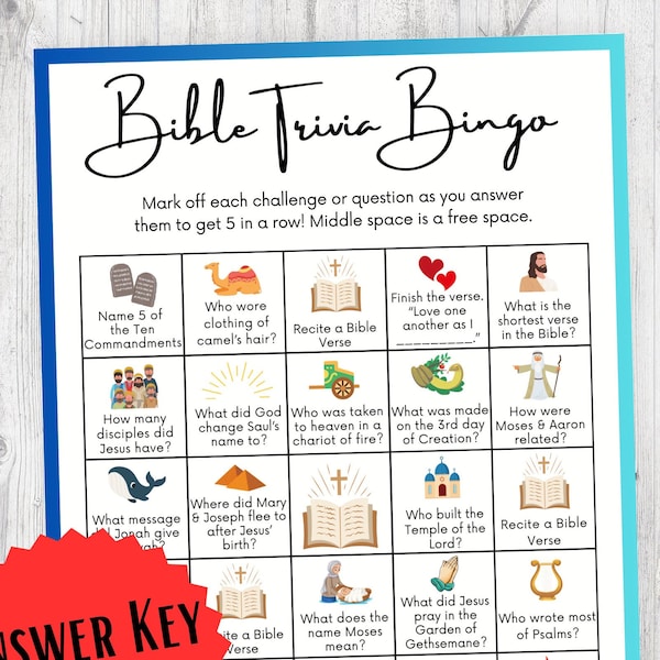 Bible Trivia Bingo Printable for Kids, Christian Worksheets for Sunday School, Children's Church Group Activity Page, Easy Fun Games