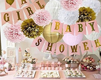 pink white and gold decorations for baby shower
