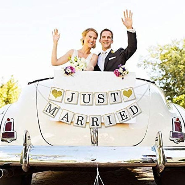 Bannière or JUST MARRIED, bannière de mariage, enseigne Just Married pour une escapade bannière de voiture, toile de fond de mariage, décoration de table chérie, guirlande d'automne