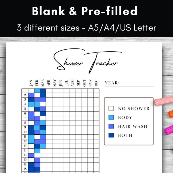 Hygiene Shower Yearly Tracker in Pixels, Planner Insert for Letter\A4\A5 Printable Journal Page, Year Tracker Chart, Health and Wellness Log