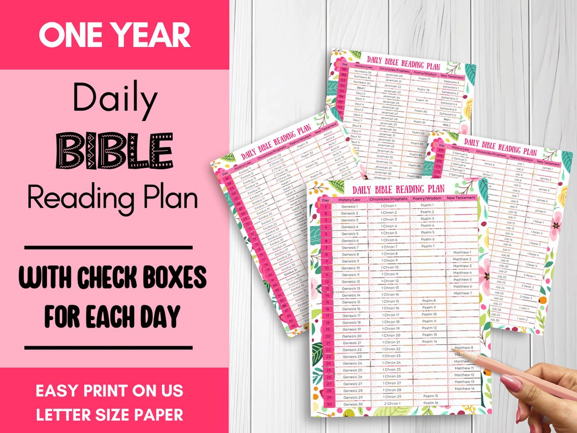 One Year Bible Reading Plan Printable Tracker, Daily Christian Bible ...