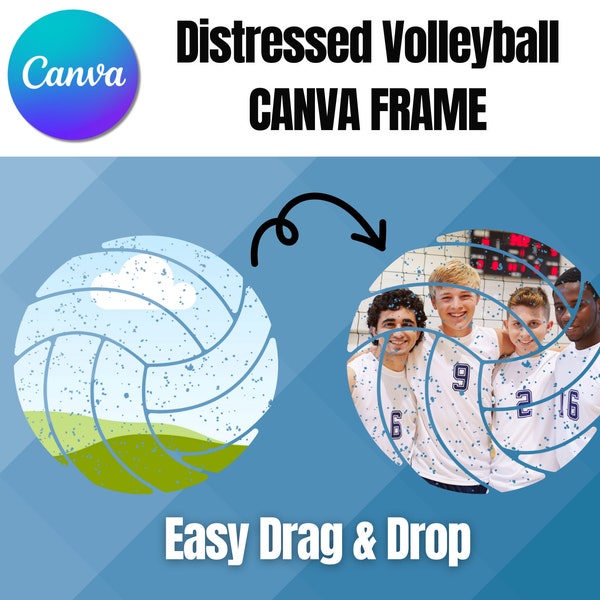 Distressed Volleyball Editable Photo Canva Frame Template for Volleyball, Drag & Drop Picture Template for Sports Team, Personalized Design