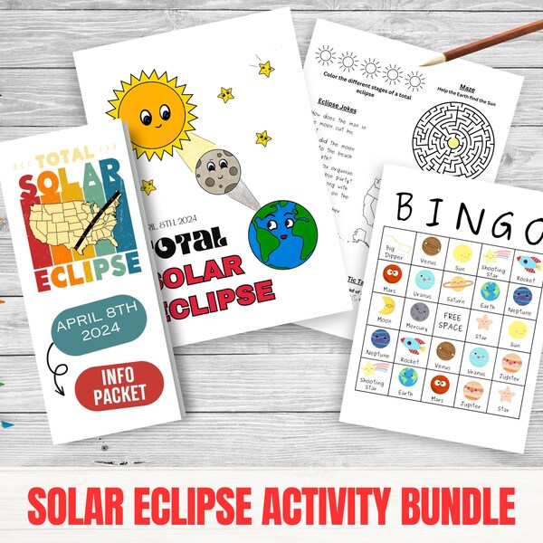 Solar Eclipse Party Activity Pack for kids, Printable Eclipse Coloring Page, Activity Sheet, Totality Map, Eclipse Brochure, Bingo Game, pdf