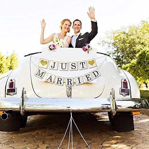 Gold Just Married Banner - Wedding Getaway Decor Gold Just Married Banner - Wedding Getaway Decor