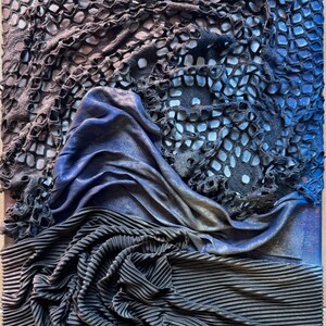 Woven Depths – Blue & Black Textured Wall Sculpture | Upcycled mixed media art