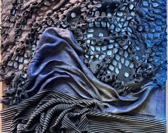 Woven Depths – Blue & Black Textured Wall Sculpture | Upcycled mixed media art