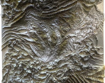 Textured Relief Wall Art – Handmade Abstract Mixed Media Painting – Silver Chrome & Earth Tones – 50 x 40 cm