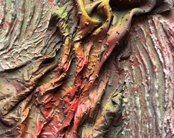 Ember Flame 30 x 20 cm, Orange Red Textile Relief Wall Art, Handmade 3D Mixed Media Canvas, Sculptural Abstract Artwork