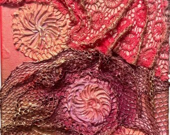 Crimson Lace 30 x 20 cm, Red Textile Relief Wall Art, Handmade 3D Mixed Media Canvas, Sculptural Abstract Artwork